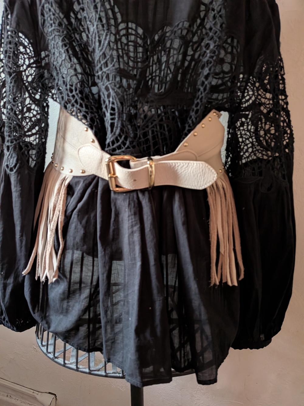 NWT! B-Low the Belt Beige Fringed Wide Waist Belt with Gold Buckle